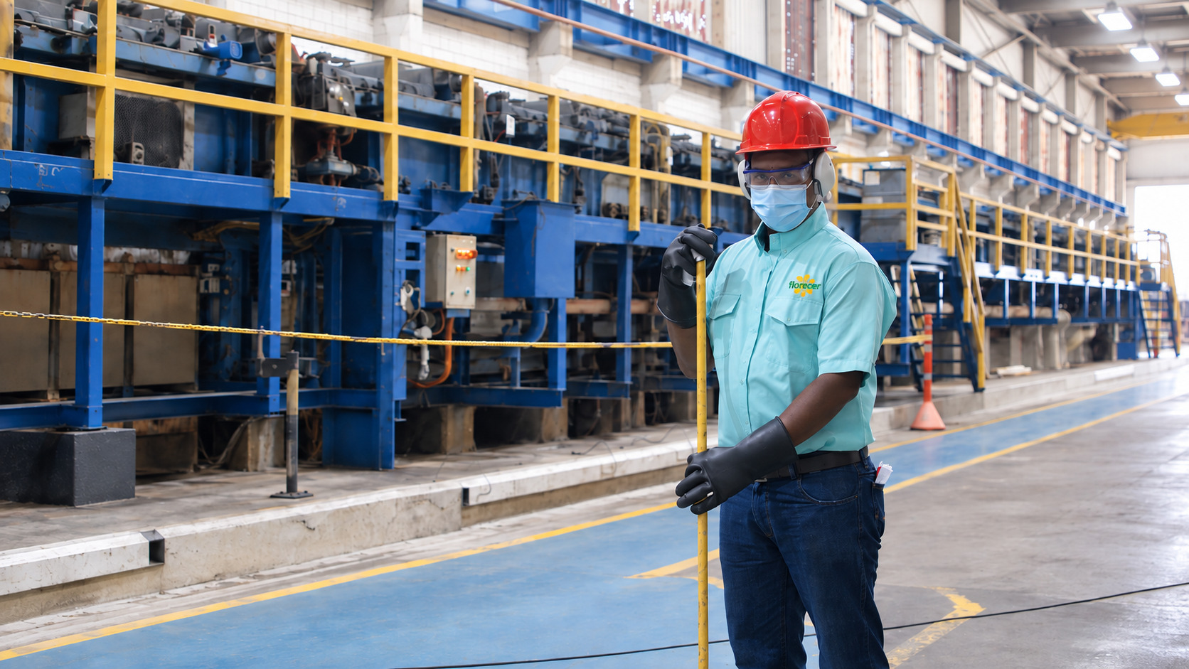 Operario de Florecer en el interior de una planta industrial con casco y elementos de protección